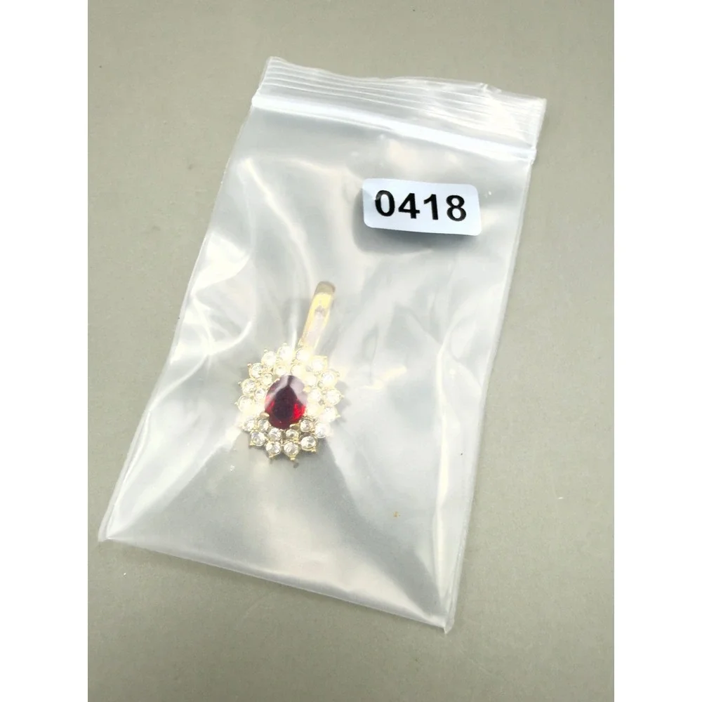 Gold Tone Red Oval Stone Enhancer Pendant Clear Rhinestone Halo Sunburst 1 Inch